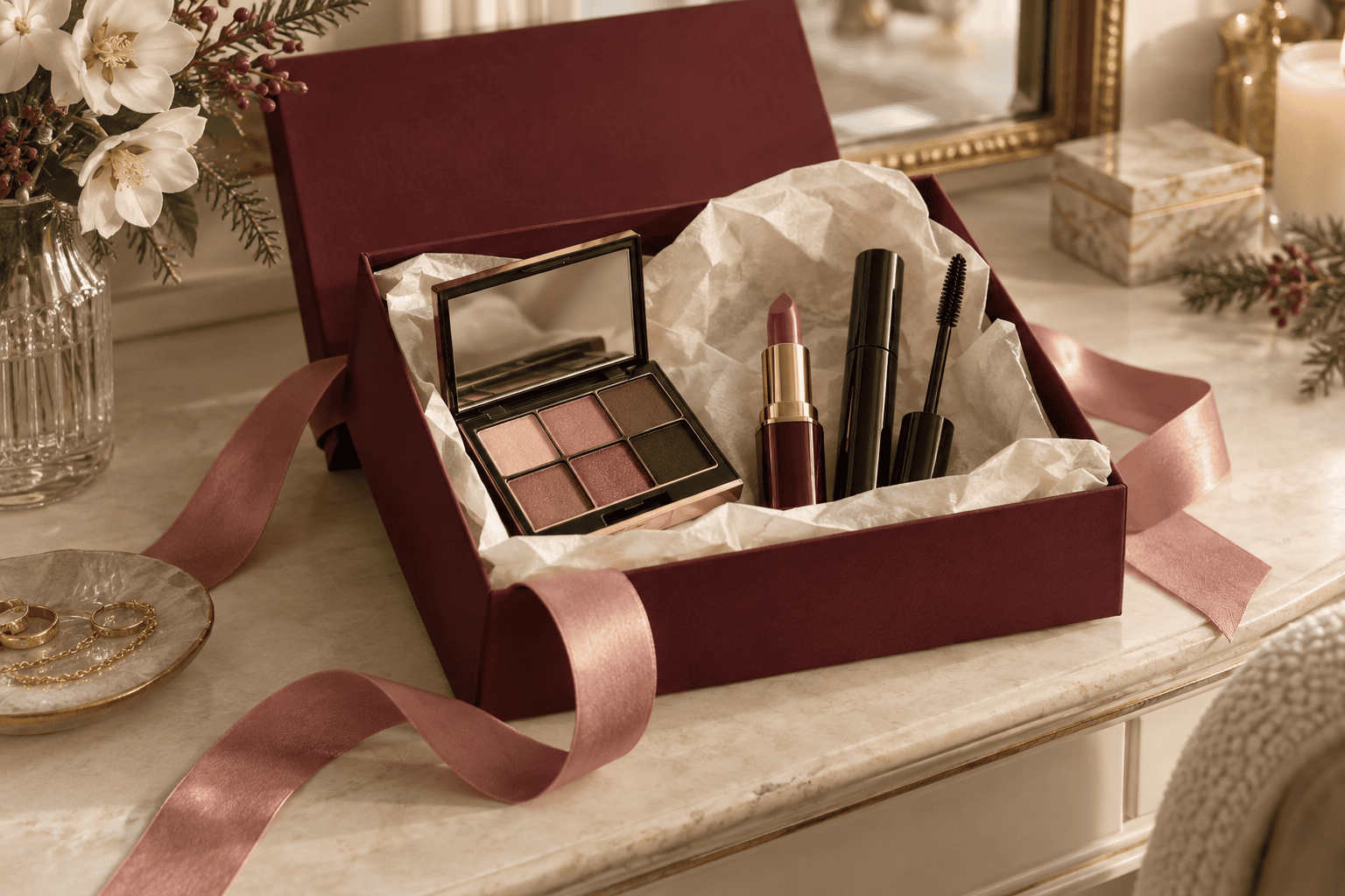 Coffret de maquillage bordeaux avec palette, rouge à lèvres et mascara