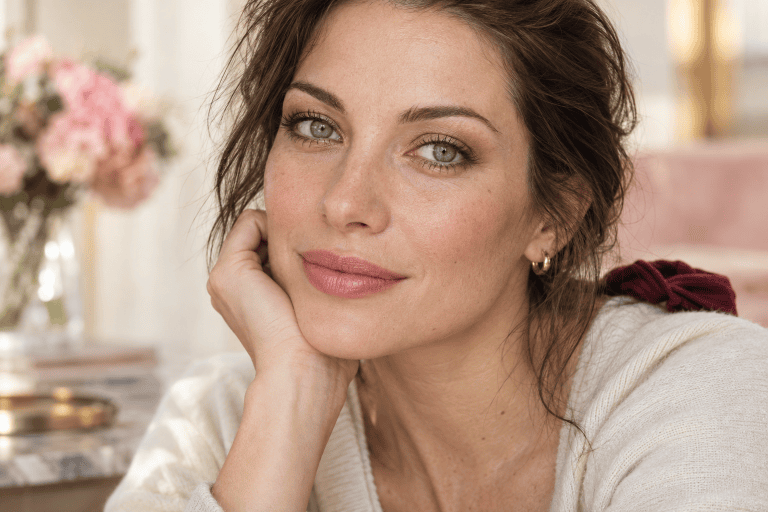 Regard gris bleu avec un maquillage taupe doux