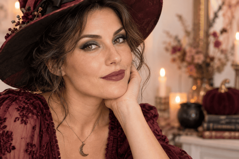 Maquillage vert sur les paupières et lèvres prune pour Halloween