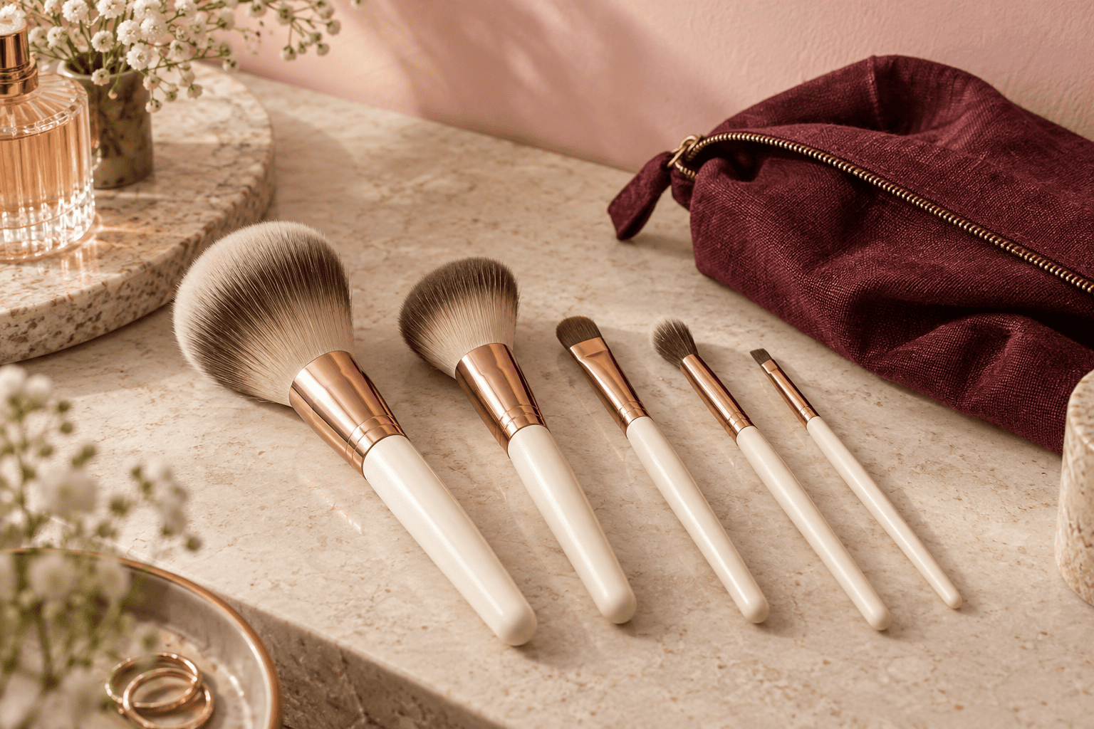 Cinq pinceaux de maquillage et une trousse bordeaux sur une coiffeuse