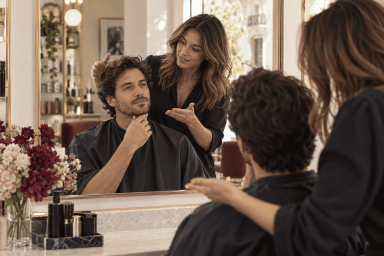 Coiffeuse conseillant un homme devant le miroir du salon