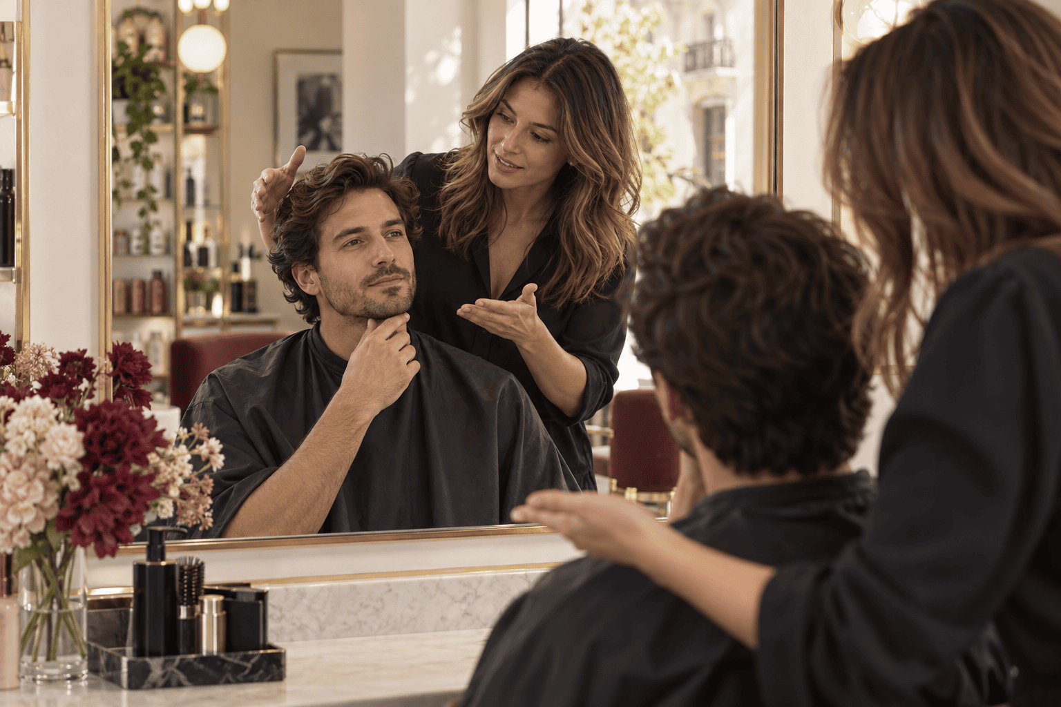 Coiffeuse conseillant un homme devant le miroir du salon